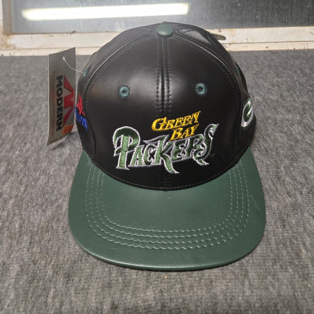 Vintage Green Bay Packers Hat Mens OSFA Black Green Leather Snapback WOW NWT